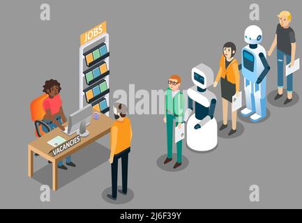Roboterjobs Konzept Vektor isometrische Illustration Stock Vektor