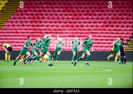 Mollie Green (16 Coventry United) feiert ihr Tor während des Fußballspiels der FA Championship zwischen Watford und Coventry im Vicarage Road Stadium in Watford, England. Kevin Hodgson/SPP Stockfoto