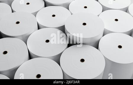 White Paper Rollen Produktion industriellen Fabrik Hintergrund. Geschäfts- und Fertigungskonzept. 3D Darstellung von Illustrationen Stockfoto