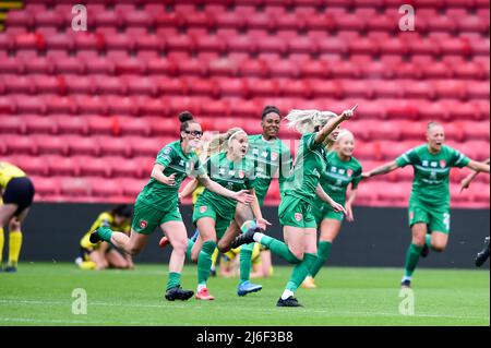 Mollie Green (16 Coventry United) feiert ihr Tor während des Fußballspiels der FA Championship zwischen Watford und Coventry im Vicarage Road Stadium in Watford, England. Kevin Hodgson/SPP Stockfoto