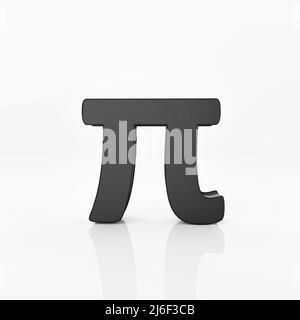 Schwarzes Pi-Symbol auf weißem, glänzendem Hintergrund. Pi Tag und Mathematik Konzept. 3D Darstellung von Illustrationen. Stockfoto