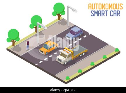 Autonomes Smart Car Vektor isometrische Illustration Stock Vektor