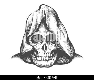 Tattoo of Skull in einer Kapuze Gravur Stil auf weiß isoliert. Vektorgrafik. Stock Vektor