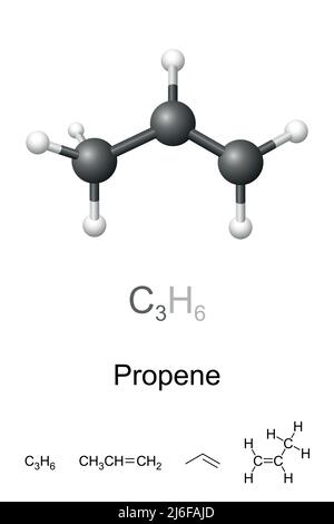 Propen, auch Propylen, Ball-and-Stick-Modell, molekulare und chemische Formel. Kohlenwasserstoff. Das zweiteinfachste Alken. Stockfoto
