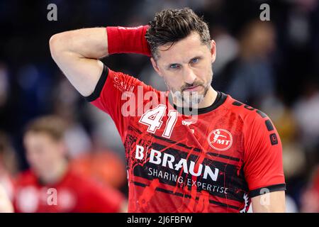 01. Mai 2022, Schleswig-Holstein, Kiel: Handball: Bundesliga, THW Kiel - MT Melsungen, Matchday 28, Wunderino Arena. Melsungen's Alexander Petersson reagiert enttäuscht nach der Niederlage in Kiel. Foto: Frank Molter/dpa Stockfoto