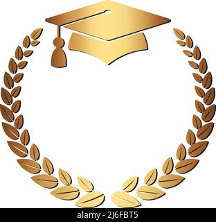 Logo der Graduierung. Goldener Lorbeerkranz, Kappe für Hochschulabsolventen Stock Vektor