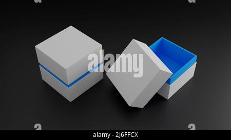 Leere weiße blaue Schmuck- oder Uhrenbox für Mockup - 3D Illustration Stockfoto