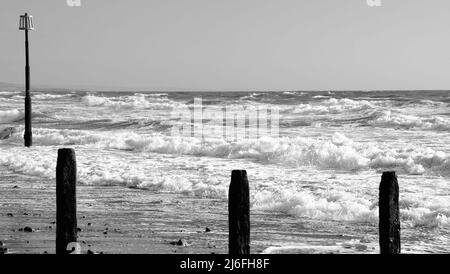 Raues Meer und verfallene Groynes am Strand von Teignmouth, South Devon. Stockfoto