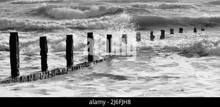 Raues Meer und verfallene Groynes am Strand von Teignmouth, South Devon. Stockfoto