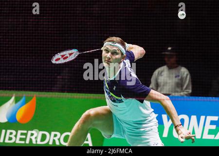 Viktor Axelsen aus Dänemark, Halbfinale während der Badminton-Europameisterschaft 2022 am 29. April 2022 im Gallur Sports Center in Madrid, Spanien - Foto: Irina R Hipolito/DPPI/LiveMedia Stockfoto