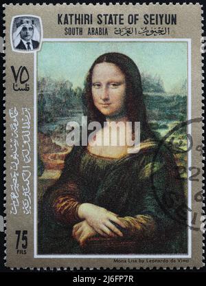 Mona Lisa von Leonardo auf Briefmarke aus Saudi-Arabien Stockfoto