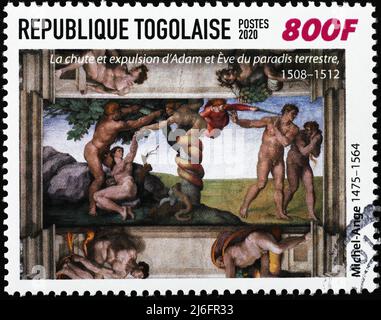 Die Ausweisung aus Eden durch Michelangelo auf Briefmarke Stockfoto