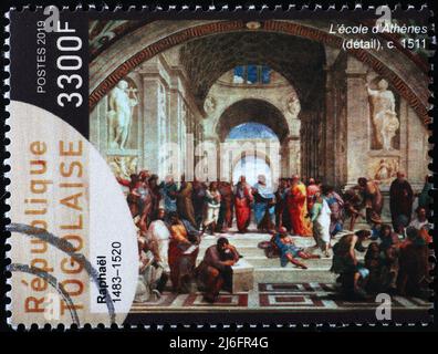 Die Schule von Athen von Raphael auf Briefmarke Stockfoto