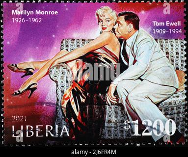 Der siebenjährige Juckreiz mit Marilyn Monroe auf Briefmarke Stockfoto