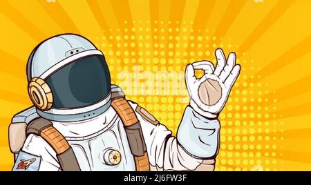 Astronaut im Raumanzüge mit ok Geste Pop Art Vektor Illustration. Kosmonaut im Helm, Uniform-Kostüm für Weltraumforschung und Flug im Kosmos gestikulierenden OK-Zeichen auf gelbem Halbtonhintergrund Stock Vektor