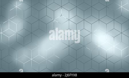 Sandgestrahltes oder mattiertes graues Glas mit hinterleuchteten 3D Würfeln. Abstrakter geometrischer Hintergrund in 4K Auflösung. Speicherplatz kopieren. Stockfoto