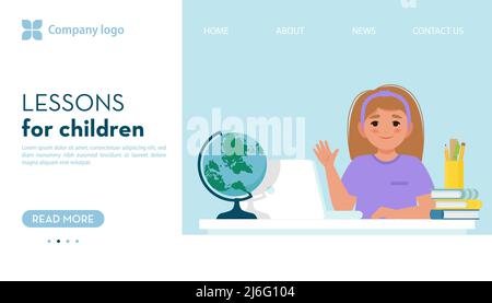 Banner für Online-Lektionen für Kinder. Mädchen haben Online-Lernen mit Laptop. Vektorgrafik im flachen Stil Stock Vektor