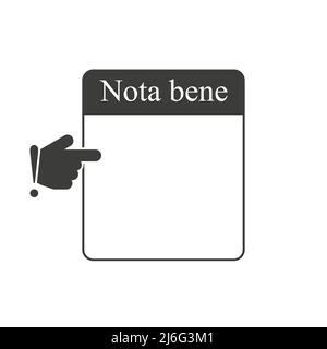 Anmerkung, Zitat, Fußnotenfeld. Nota Bene lateinische Phrase. Zeigefinger und leeres Textfeld. Handcursor. Isolierte Vektordarstellung. Stock Vektor