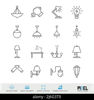Symbol für die Vektorlinie, die für Lampen im Haushalt verwendet wird, ist isoliert auf Weiß eingestellt. Pixel perfektes Design. Bearbeitbare Kontur. Linienstärke anpassen. Auf beliebige Größe erweitern. Zu ändern Stock Vektor