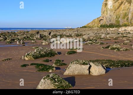 Die Autofähre P&O Ferries fährt am Cap Blanc-Nez (Opalküste) in Pas-de-Calais, Frankreich vorbei Stockfoto