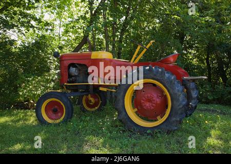 Alte rote und gelbe Landtraktor. Stockfoto