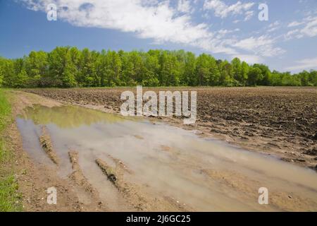 Überschwemmtes und schlammiges Agrarfeld nach starken Regenfällen im Frühjahr. Stockfoto