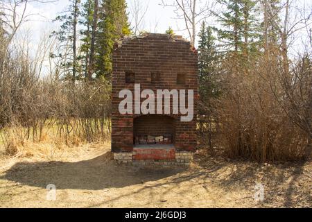 Ein alter Kamin aus Ziegelstein bleibt im Wald von einem alten Ranch House. Stockfoto