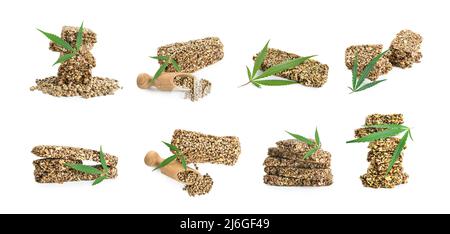 Set von gesunden Hanf-Protein-Bars auf weißem Hintergrund Stockfoto