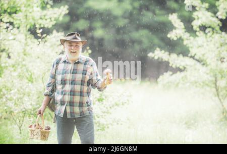 Großvater mit einem Korb von Pilzen und einem überraschenden Gesichtsausdruck. Glücklicher Großvater. Stockfoto