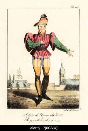 Kostüm eines französischen Bürgers, Regierungszeit von König Karl VII., 1440. In einer Spitzenkappe, plissierten Doppelhülle mit Puffärmel, Schlauch und Stiefeletten. Costume des hommes a la ville. Regne de Charles VII. Handkolorierte Lithographie von Lorenzo Bianchi nach Hippolyte Lecomte aus Costumi civili e militari della monarchia francese dal 1200 al 1820, Neapel, 1825. Italienische Ausgabe von Lecomtes zivilen und militärischen Kostümen der französischen Monarchie von 1200 bis 1820. Stockfoto