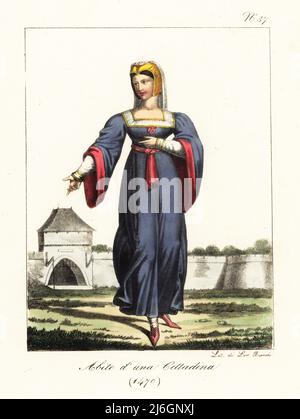 Kostüm einer französischen Bürgerin, 1470. In Giebel Kopfschmuck, Kleid mit vollen Ärmeln, Schlauch, rosa spitzen Schuhen. Costume d'une Bourgeoise. Handkolorierte Lithographie von Lorenzo Bianchi nach Hippolyte Lecomte aus Costumi civili e militari della monarchia francese dal 1200 al 1820, Neapel, 1825. Italienische Ausgabe von Lecomtes zivilen und militärischen Kostümen der französischen Monarchie von 1200 bis 1820. Stockfoto