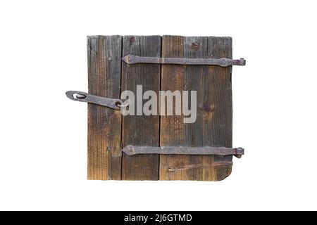 Rustikale kleine Holztür mit schmiedeeisernen Scharnieren und einem Schloss für das Schloss. Isoliert auf weißem Hintergrund Stockfoto