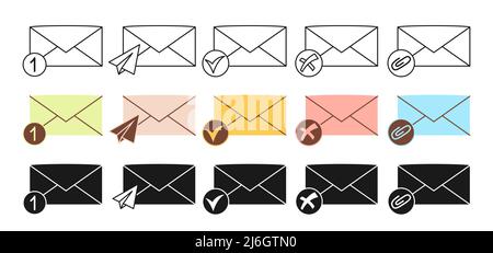 Briefumschlag Zeichen Linie und Silhouette gesetzt. Symbol für neue Nachricht, Briefsendung oder E-Mail-Benachrichtigung. Correspondence Mailbox Outline grafisches Element. Empfangen oder Senden von sms-Post-Notice-Sammelvektoren Stock Vektor