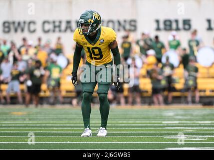 April 23 2022: Baylor trägt den Eckpfeiler AJ McCarty (19) während des NCAA Spring Scrimmage Football-Spiels im McLane Stadium in Waco, Texas. Matthew Lynch/CSM Stockfoto