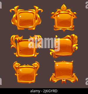 Spiel-ui-Rahmen, Gold quadratische mittelalterliche Menüelemente. Goldene Knöpfe oder Banner mit kunstvollen Rändern. Leere Royal gui Elemente für rpg, glänzende Ränder, Cartoon Design Interface 3D Vektor-Illustration, Set Stock Vektor