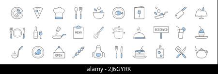 Set von Lebensmitteln Kochen und Koch Restaurant Doodle Symbole. Schürze, Kebab, reservierte oder offene Banner, Kuchen, Teekannen, Gabel mit Messer, Schneidebrett, Gericht, Fisch auf dem Teller, Pizza Menüelemente Lineare Vektorzeichen Stock Vektor