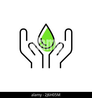 Symbol für Wasserschutz und -Schutz. Hände halten einen Tropfen fest. Pixel-perfektes, bearbeitbares Strichliniensymbol Stock Vektor