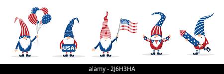 Patriotische amerikanische Gnome feiern den Unabhängigkeitstag in den Vereinigten Staaten. Set von niedlichen skandinavischen Elfen mit Feuerwerk, Ballons und Flagge. Frohes 4. Stock Vektor