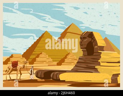 Landschaft Alte Sphinx, Ägypten Pharao Pyramiden. Reise nach Ägypten Land, Sahara Wüste. Retro-Kartendarstellung Vektor Stock Vektor
