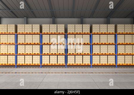 3D-rendering Regale voller Kartons im Lager Stockfoto