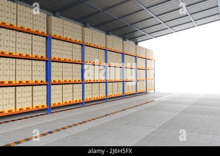 3D-rendering Regale voller Kartons im Lager Stockfoto