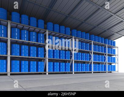 3D Rendering Stapel von blauen Fässern im Lager Stockfoto