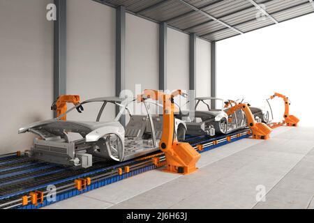 Automatisierung Automobilfabrik Konzept mit 3D Rendering Roboter Montagelinie in der Automobilfabrik Stockfoto