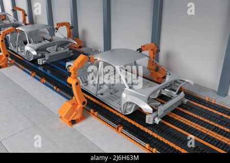 Automatisierung Automobilfabrik Konzept mit 3D Rendering Roboter Montagelinie in der Automobilfabrik Stockfoto