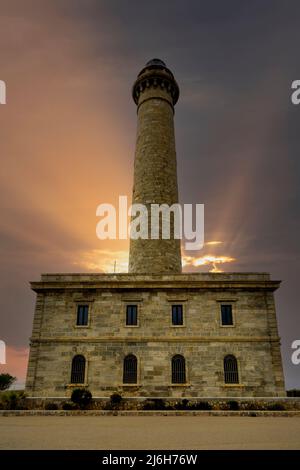 Leuchtturm Cabo de Palos bei Sonnenuntergang, in Cartagena, Murcia. Spanien Stockfoto