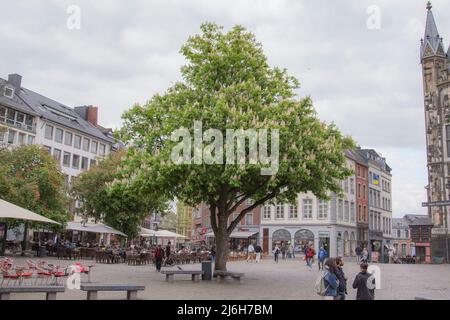 Aachen April 2022: Willy-Brandt-Platz im Frühjahr. Im Hintergrund die aquis plaza Stockfoto