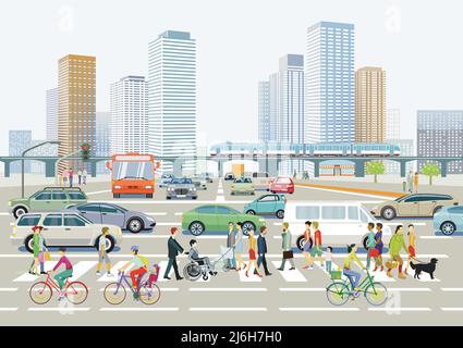 Stadt mit Straßenverkehr, Wohngebäude und Fußgänger auf dem Bürgersteig Stock Vektor