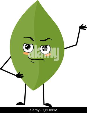 Blatt Charakter mit Emotionen des Helden, tapferes Gesicht, Arme und Bein. Person mit Mut Ausdruck, grüne Pflanze Emoticon. Vektorgrafik flach Stock Vektor