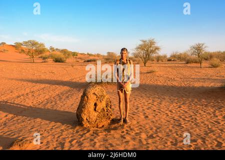 San (Saan) Buschmänner, indigene Jäger und Sammler, inspizieren Termitenhügel für Aardvark-Aktivitäten, Kalahari-Wüste, Namibia, Südwestafrika ... mehr Stockfoto