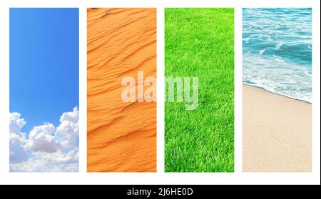 Sammlung von vertikalen Bannern mit Naturelementen - Wasser, Boden und Luft. Set von Kulissen mit Himmel, Sand, Wasser, Gras. Platz für Text kopieren Stockfoto